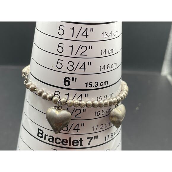 Vintage Silver Tone Bead Ball & Puffed Hearts Charms Bracelet Sz 6 1/4" 11.10g - Picture 9 of 9